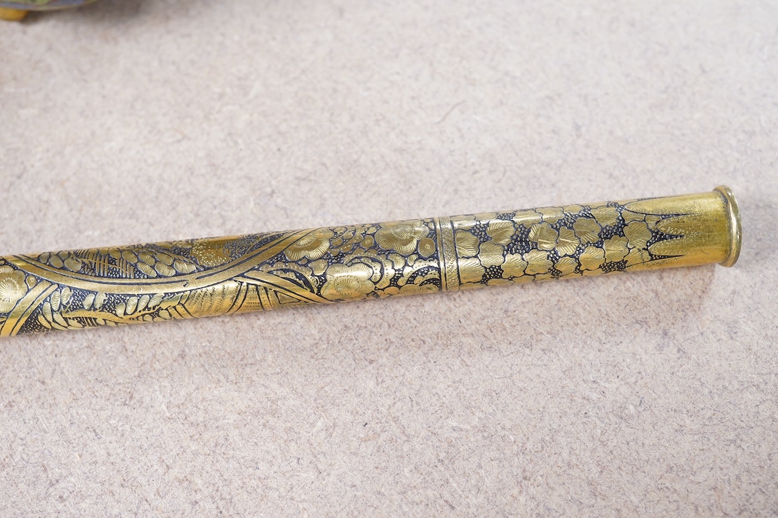 A Japanese damascened iron parasol handle, a cloisonné enamel koro and Komai style mirrored musical compact, largest 24cm in length